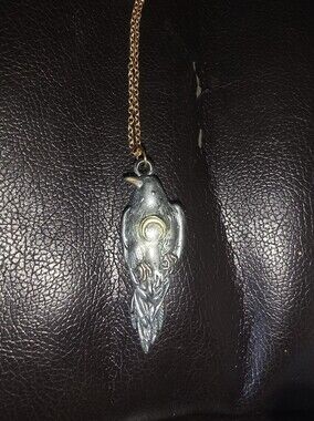 Resin Raven Pendant With Crescent Moon In Belly On A 20" Gold Chain Necklace